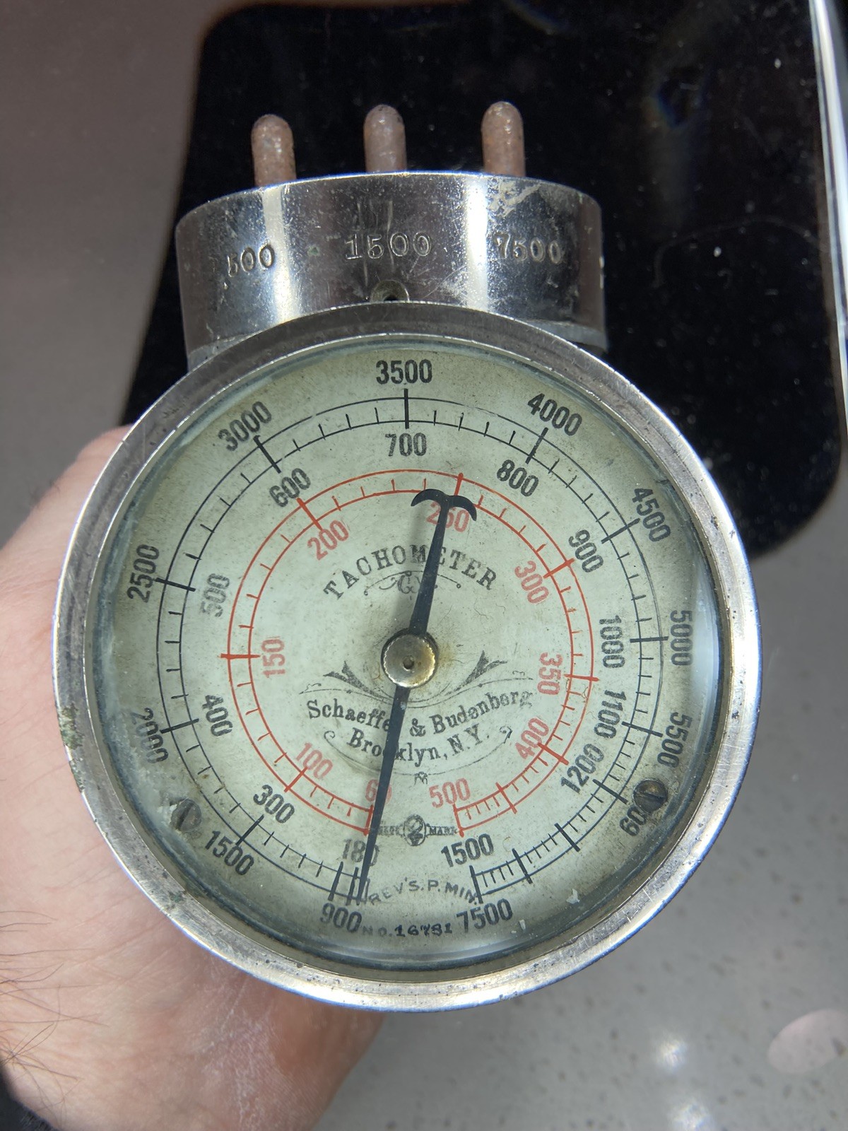 ANTIQUE SCHAEFFER BUDENBERG GAUGE TACHOMETER REVOLUTION COUNTER RR, 7500 RPM’s!
