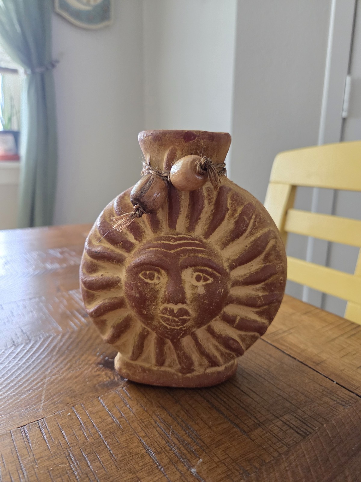 Mexican Folk Art Sun Face Celestial Vase Small Handmade Earth Tones