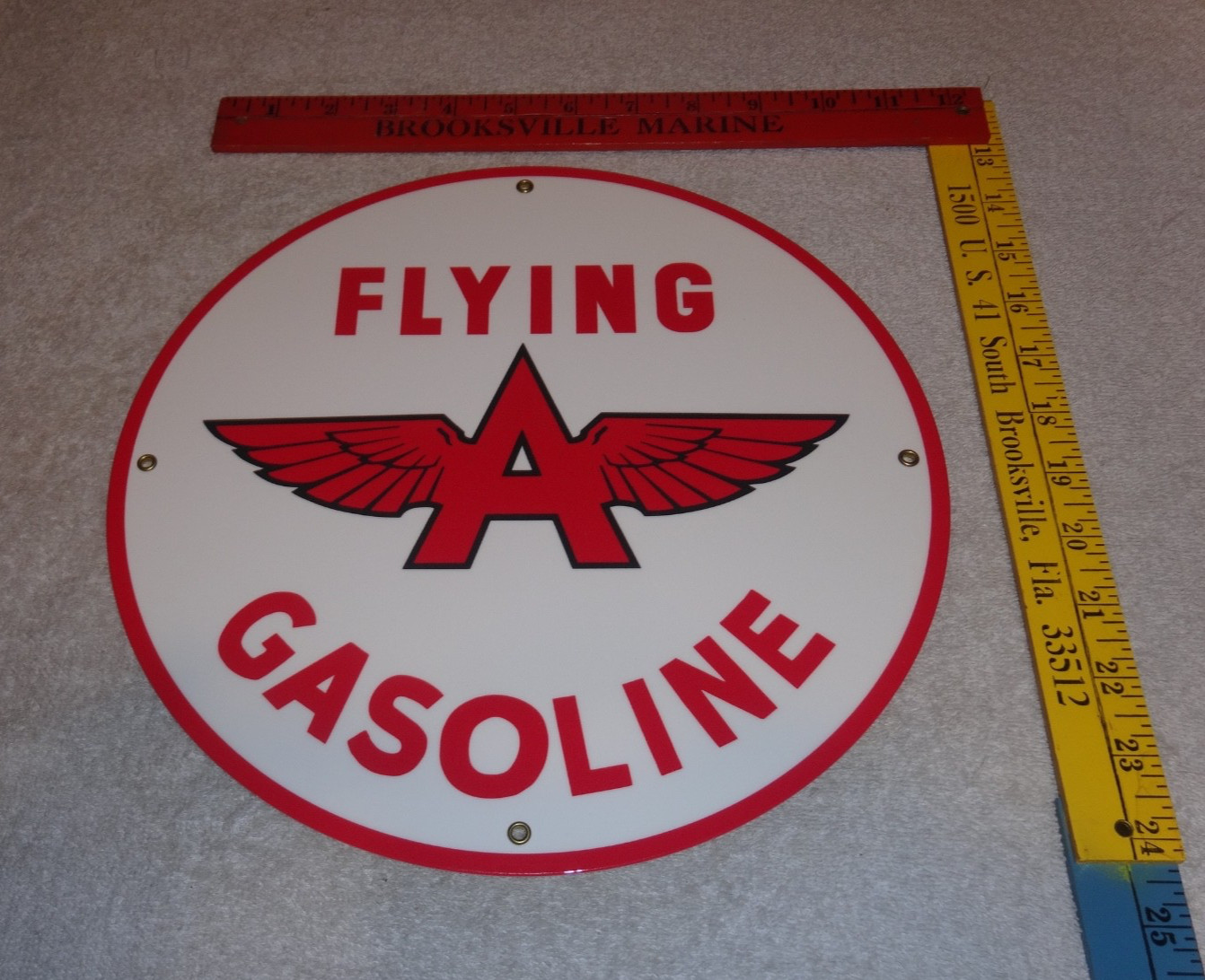 VINTAGE FLYING A GASOLINE WHITE 11 3/4" PORCELAIN METAL SERVICE STATION OIL SIGN