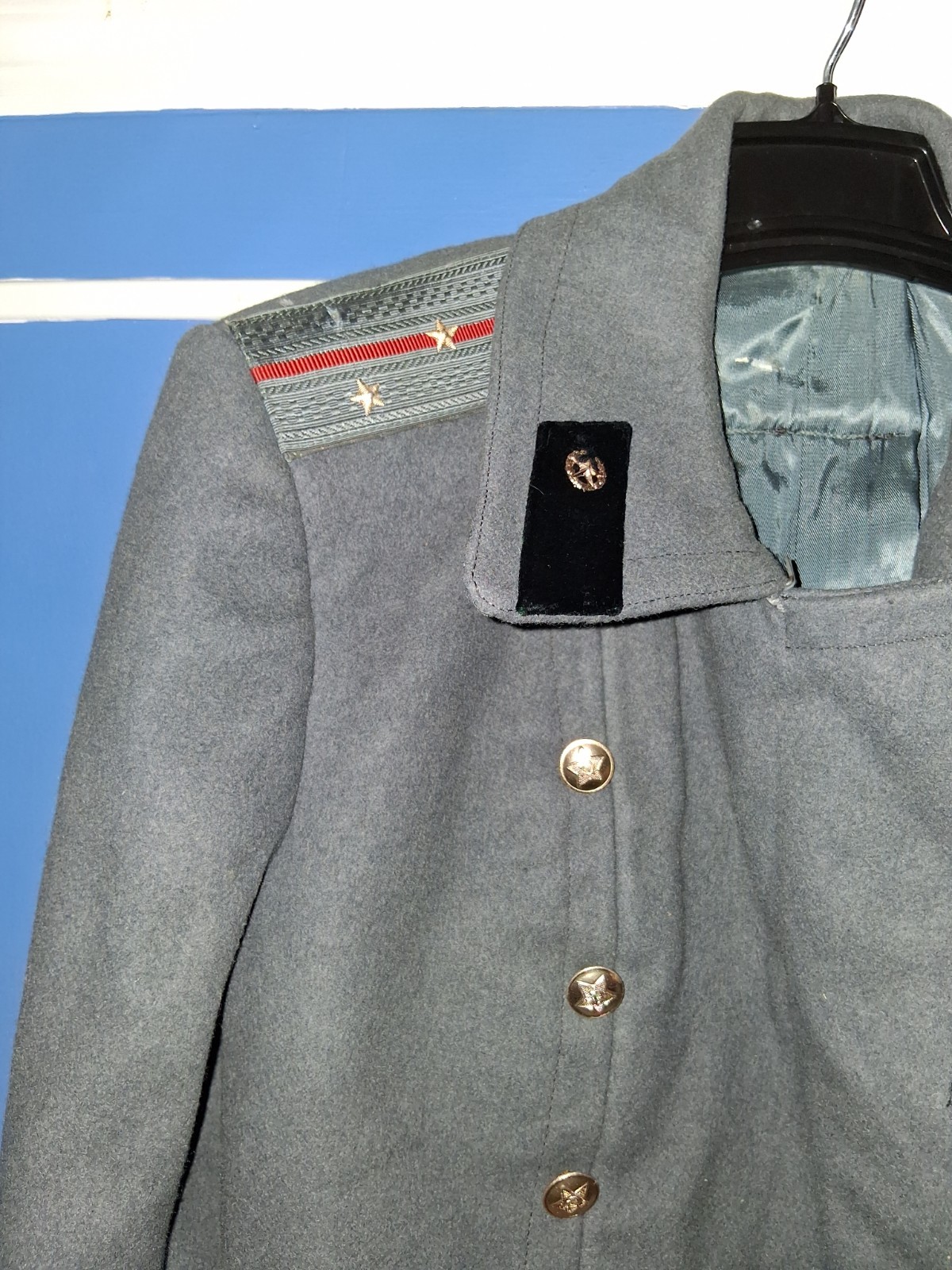 Vintage Soviet Military Officer Gray Overcoat with Insignia & Cyrillic Label