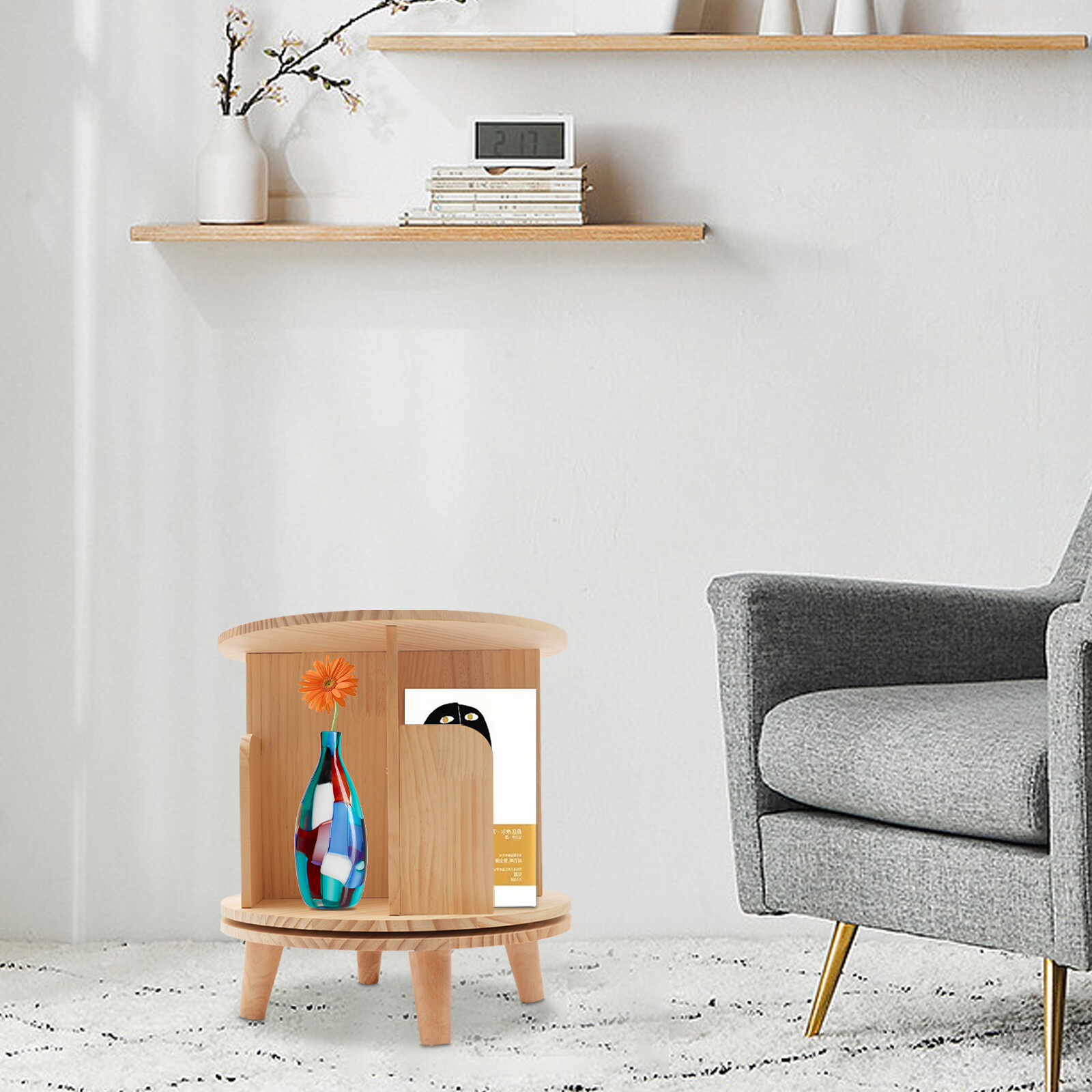 360° Rotating Bookshelf Wood Bookcase Storage Shelf Freestanding Display Rack