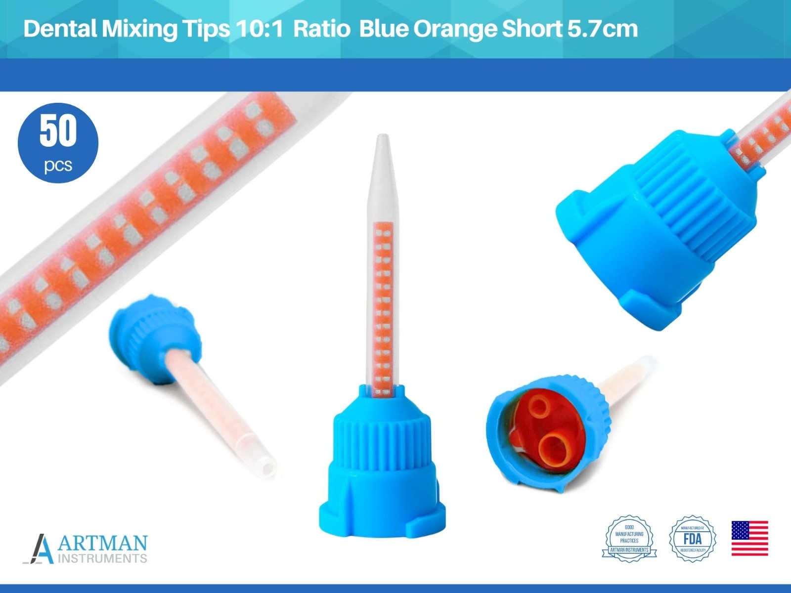 Mixing Tips 10:1 Ratio 5.7cm Crown & Bridge Impression, 50-Pack Blue/Orange