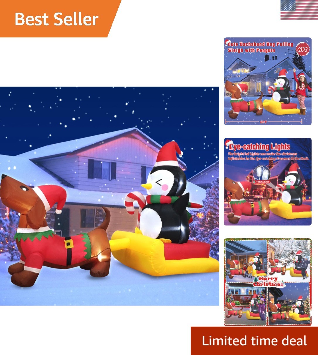 Festive 6 FT Inflatable Dog Sleigh with Penguin - LED Illuminated Holiday Charm