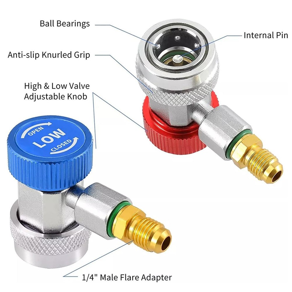 R134A AC Service Coupler Set, Red Blue High Low Side Adapter 1/4" Flare