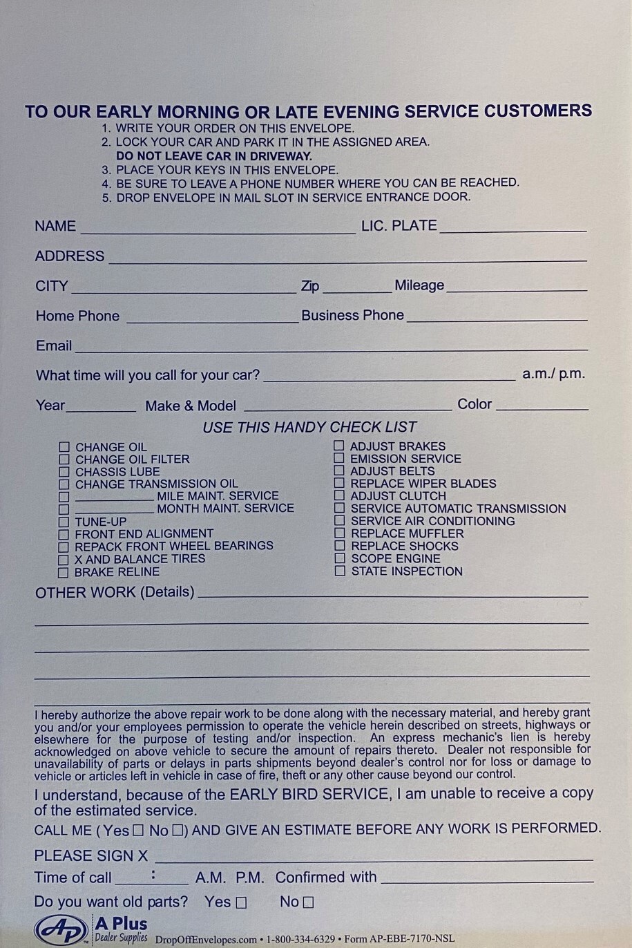 Night Drop Envelopes for  Auto Service • EBE-7170-NSL •  Qty 500 • (T6)