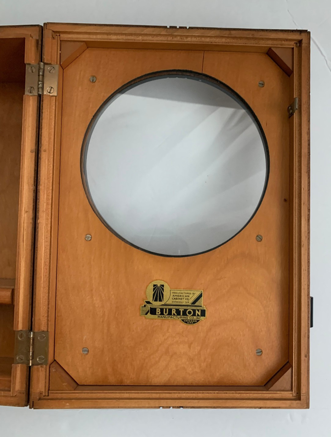 1930s Art Deco Barber Shop Cabinet Circle Glass Birdseye Maple Burton Chicago