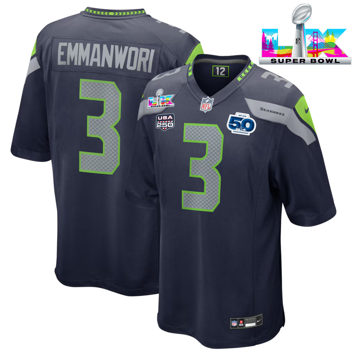 Seattle Seahawks #3 Nick Emmanwori 50th Season Super Bowl LX Patch Game Jersey