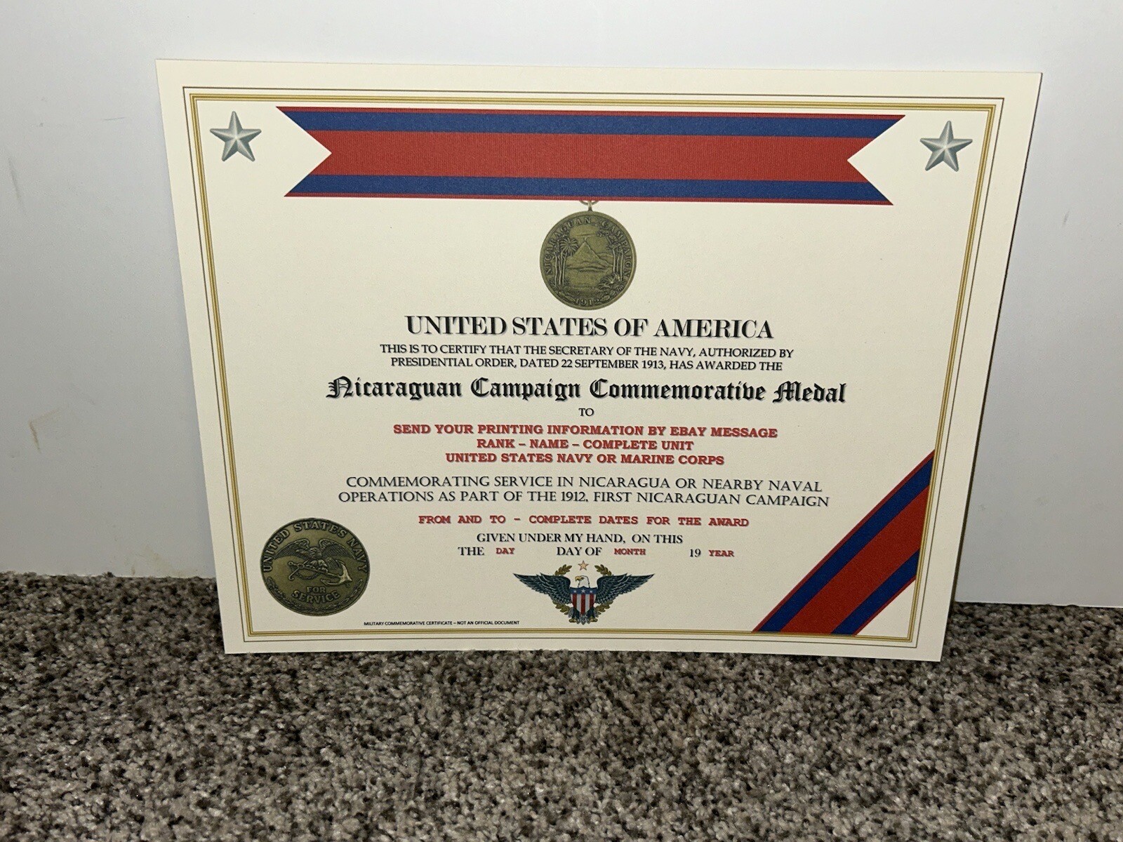 NICARAGUAN CAMPAIGN (NAVY) COMMEMORATIVE MEDAL CERTIFICATE ~ W/PRINTING TYPE-1