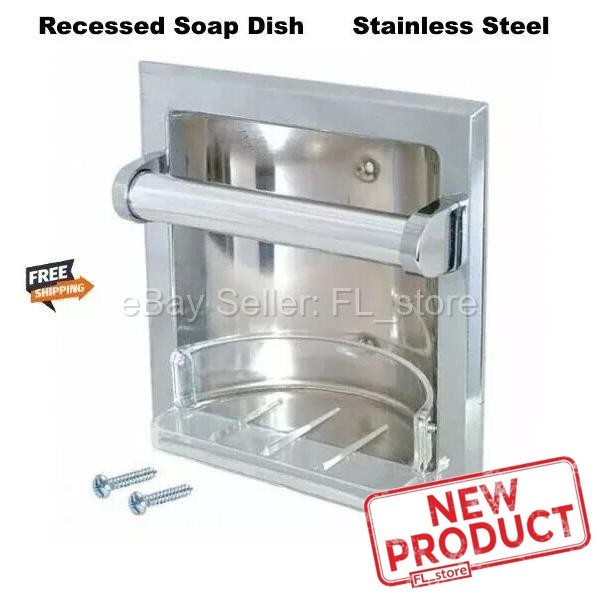 Stainless Steel Recessed Soap Dish w/ Grab Bar Bathroom Bath Shower Silver