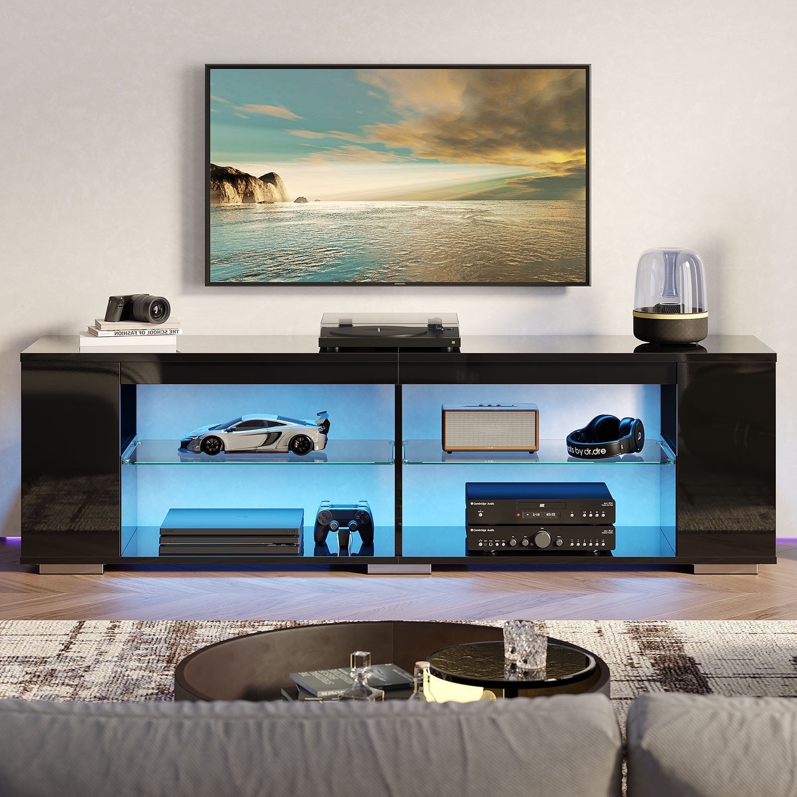 LED TV Stand for TVs up to 80" Gaming Entertainment Center w/ Shelves Black