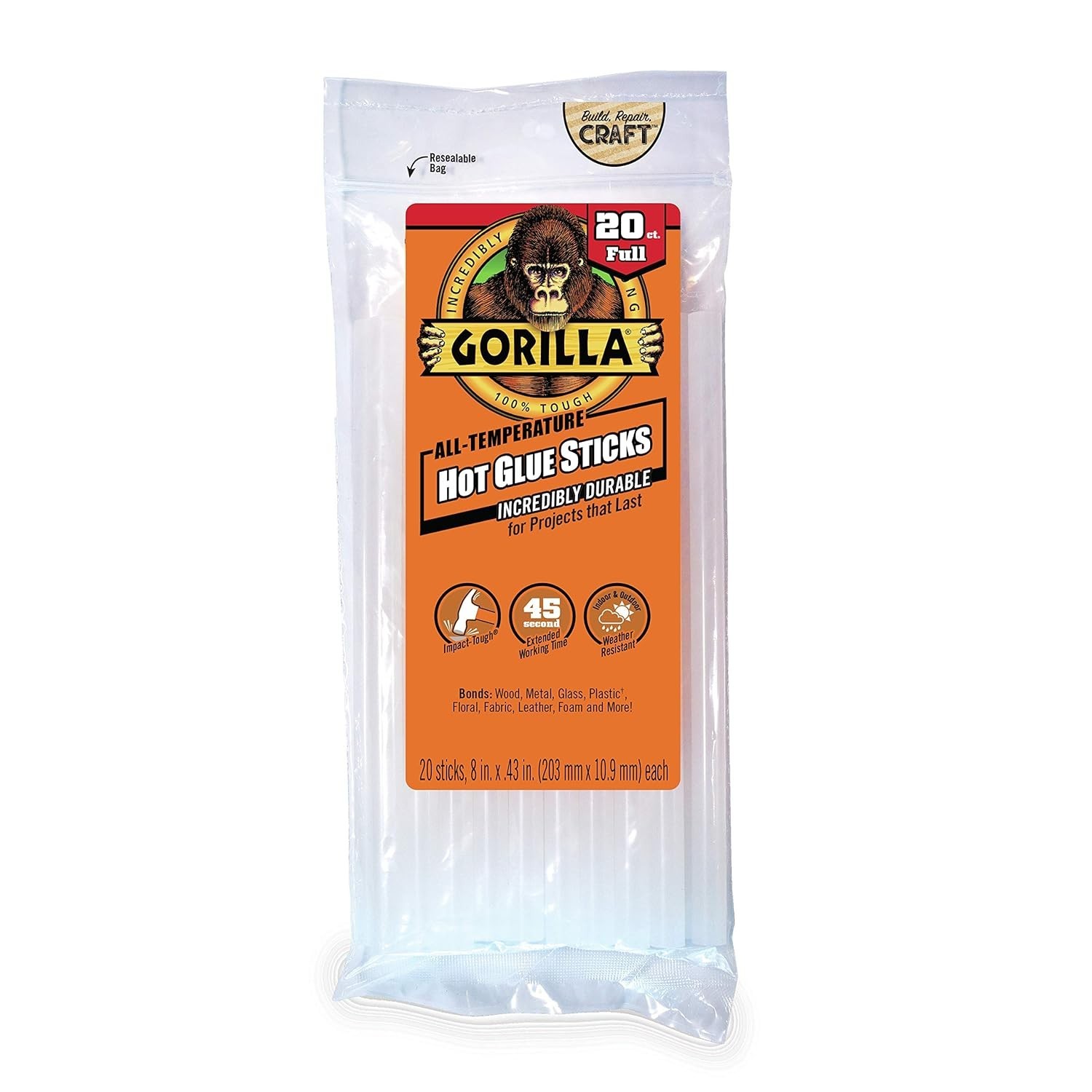 Gorilla Hot Glue Sticks, Clear Glue, Full Size 8" Long x 0.43" Diameter,20 Count