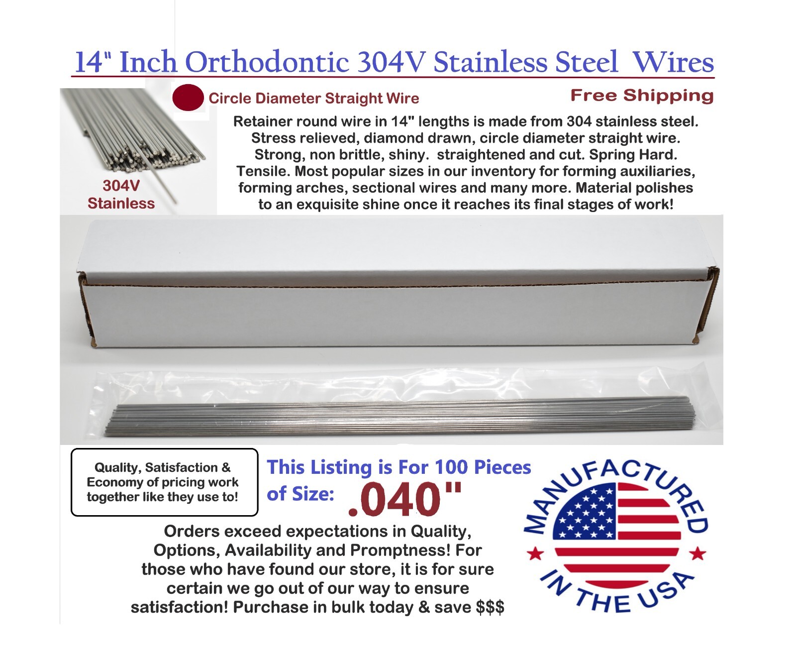 Orthodontic Stainless Steel Straight Lengths .040" Wire SS 14'' Lengths 100 Pack