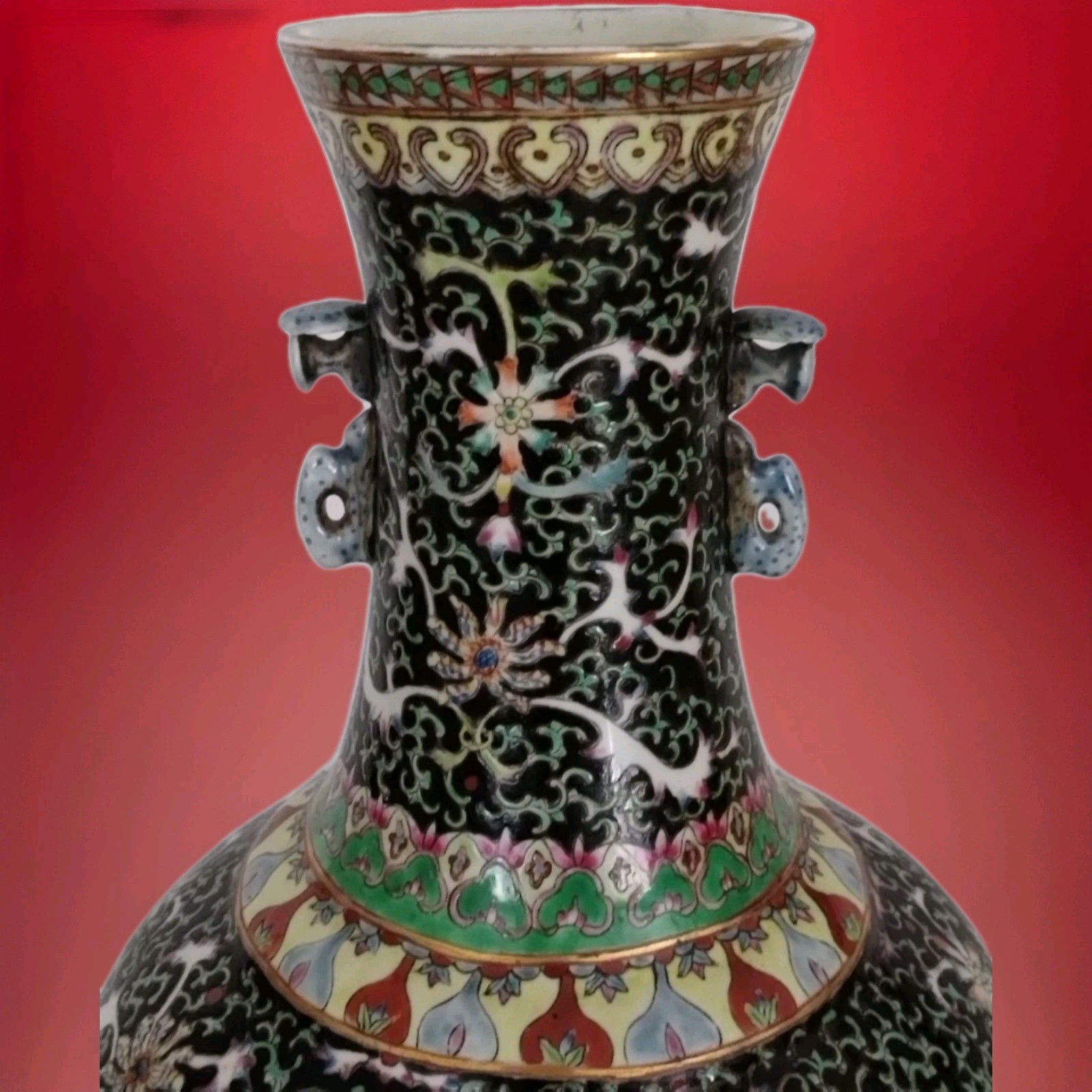 CHINESE BLACK PORCELAIN VASE 14" FLORAL FAMILLE NOIRE STYLE