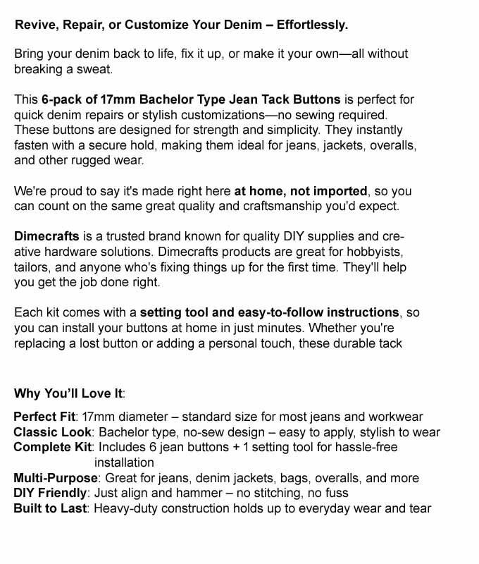 17mm brass jean tack buttons CT. 6 w/Tool - Replacement button for Levis!