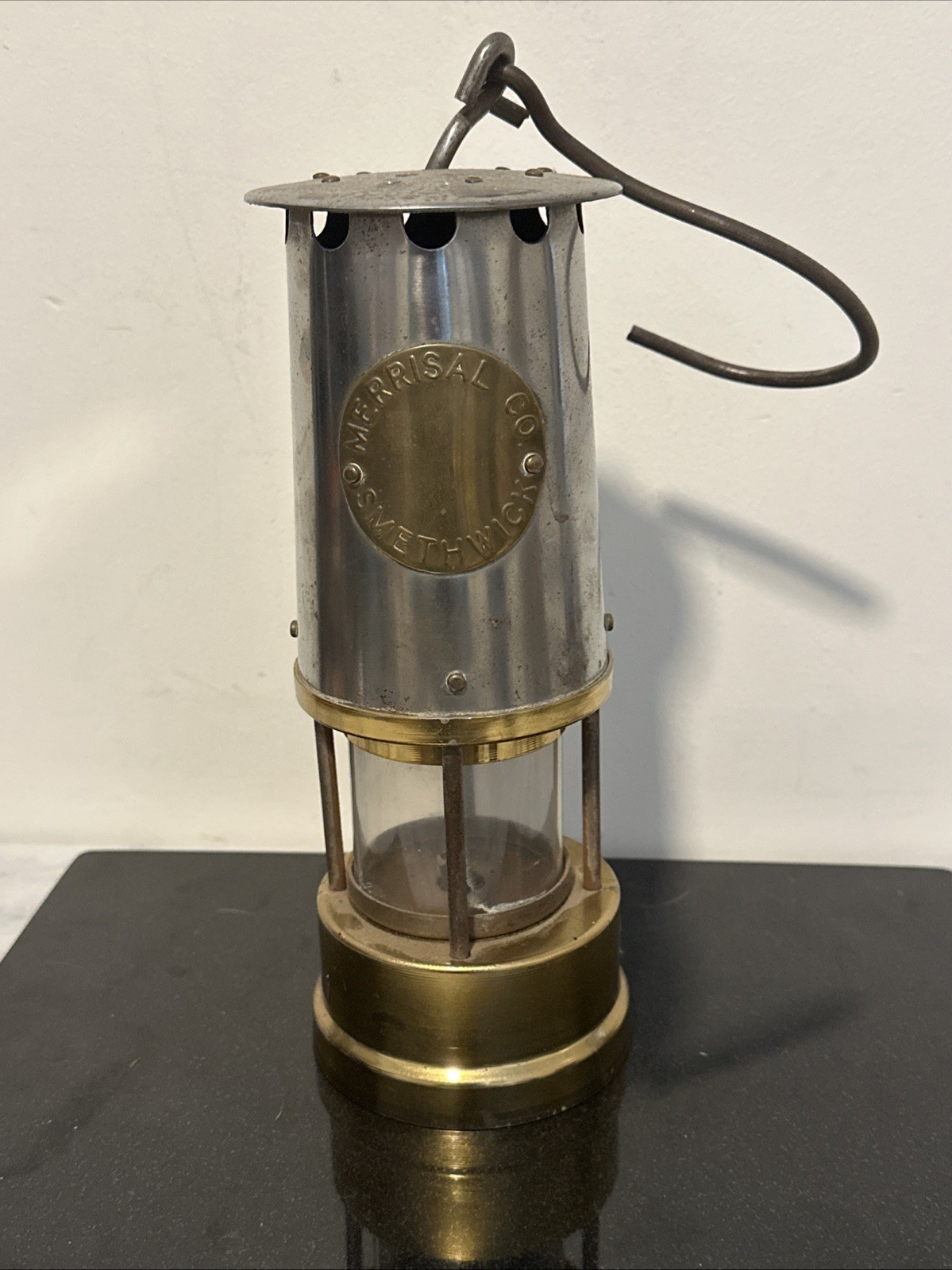 ANTIQUE MINER’S LAMP Merrisal Co. Smethwick Marking Brass Glass Insert READ