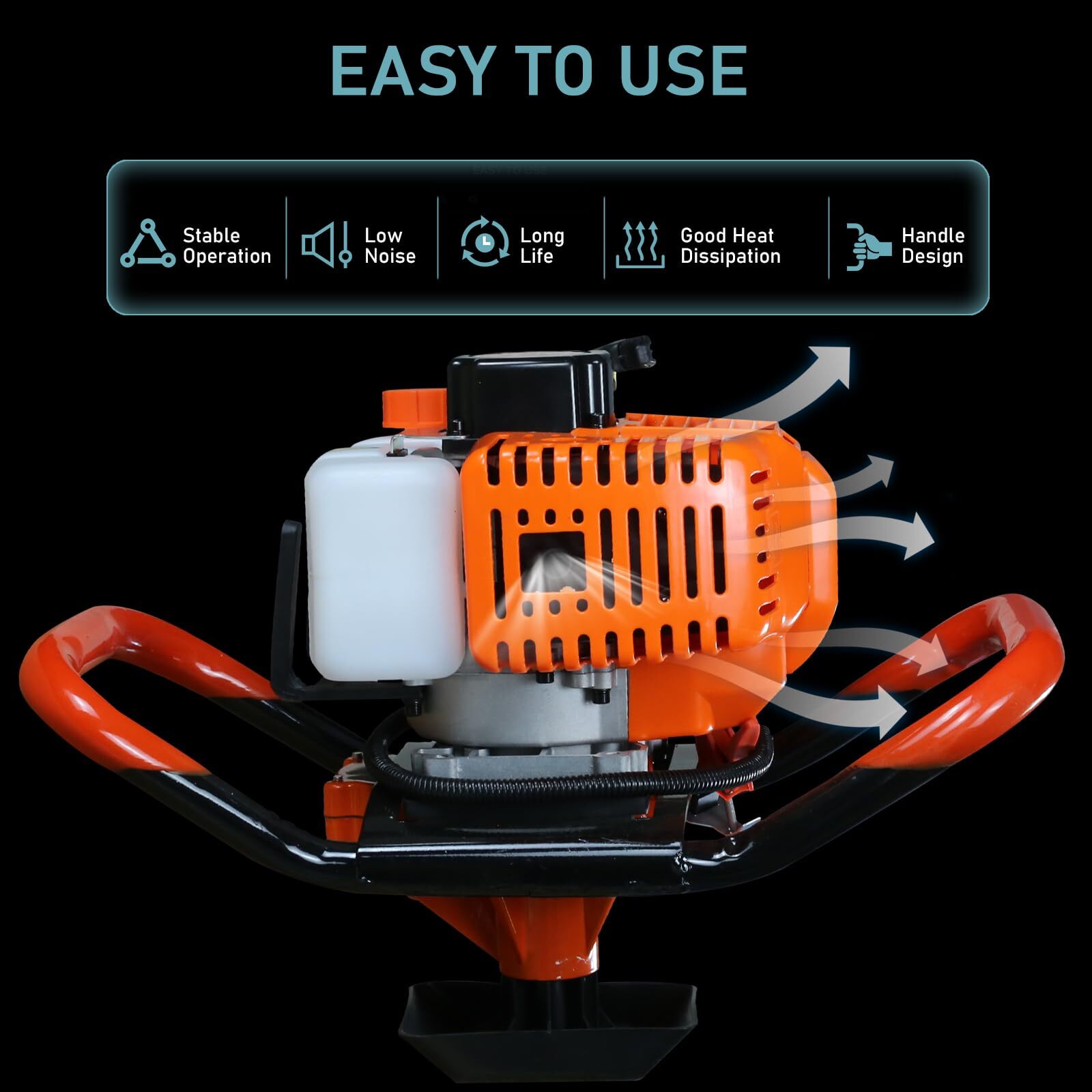 62CC 2.1KW Gas Post Hole Auger Digger W/ 3 Bits (3" 5" & 8")+3 Rods(24"24"24")