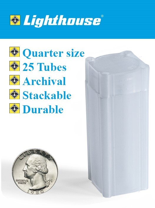 25 Square US Quarter Coin Tubes Archival Stackable Durable Lighthouse Long Term