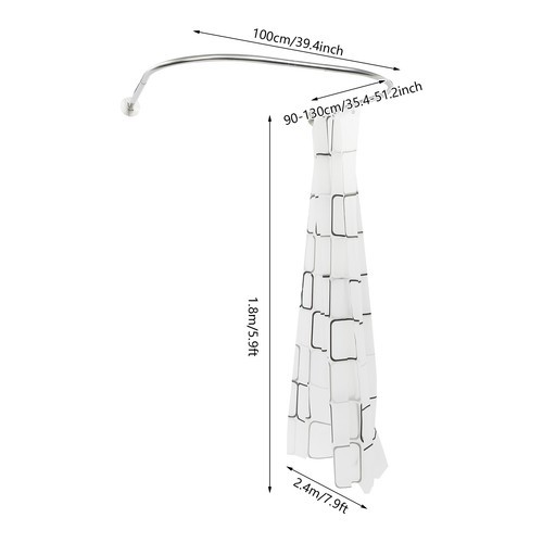 Stainless Steel U Shaped Shower Curtain Rod Adjustable w/ 9.8ft*6.6ft Curtain