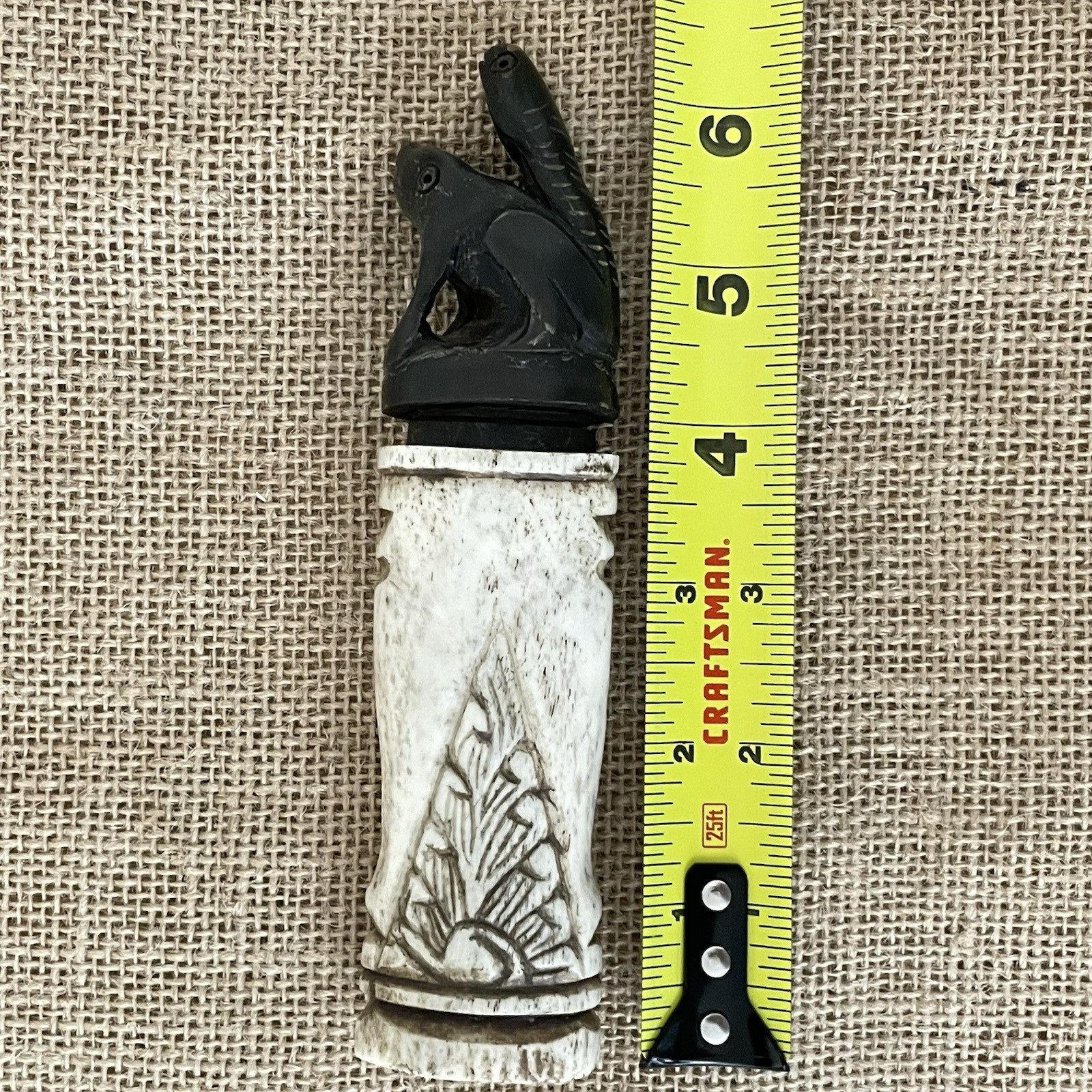 Vintage African Carved Antler Container Snuff Bottle 6.5" x 1.5" Frog Stopper