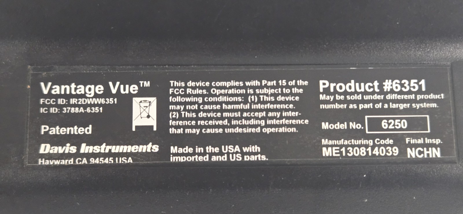 Davis Instruments Vantage VUE Weather Station Console 6351 Model 6250