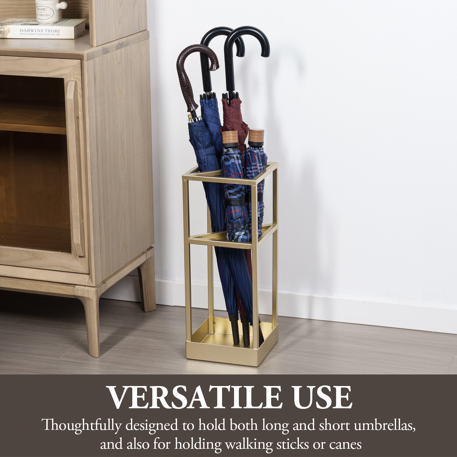 19 Inch Freestanding Entryway Brass Metal Umbrella Stand with Bottom Drip Tray