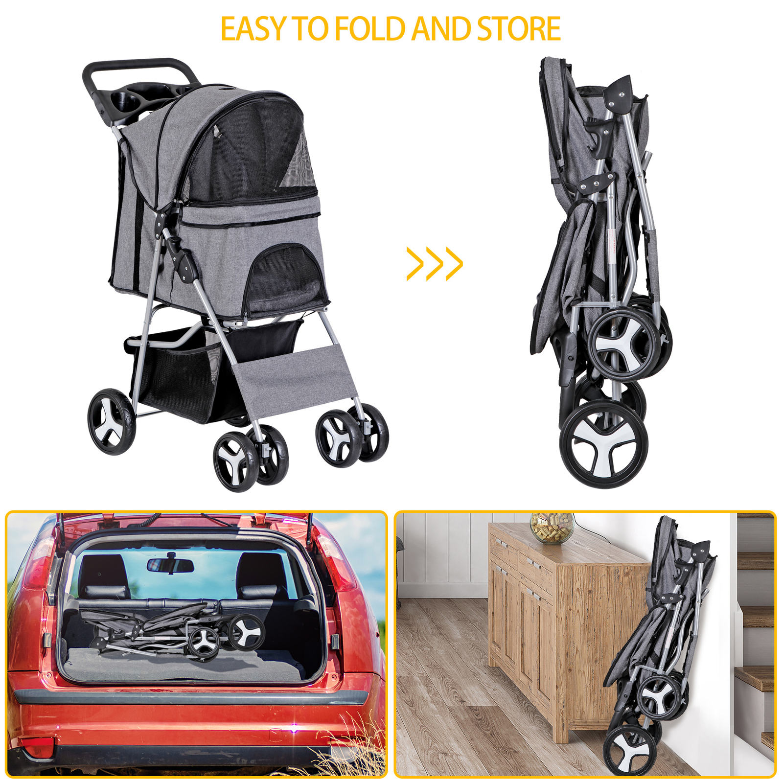 Foldable Carrier Strolling Cart 4 Wheel Pet Stroller for Dog w/ Cup Holder Gray