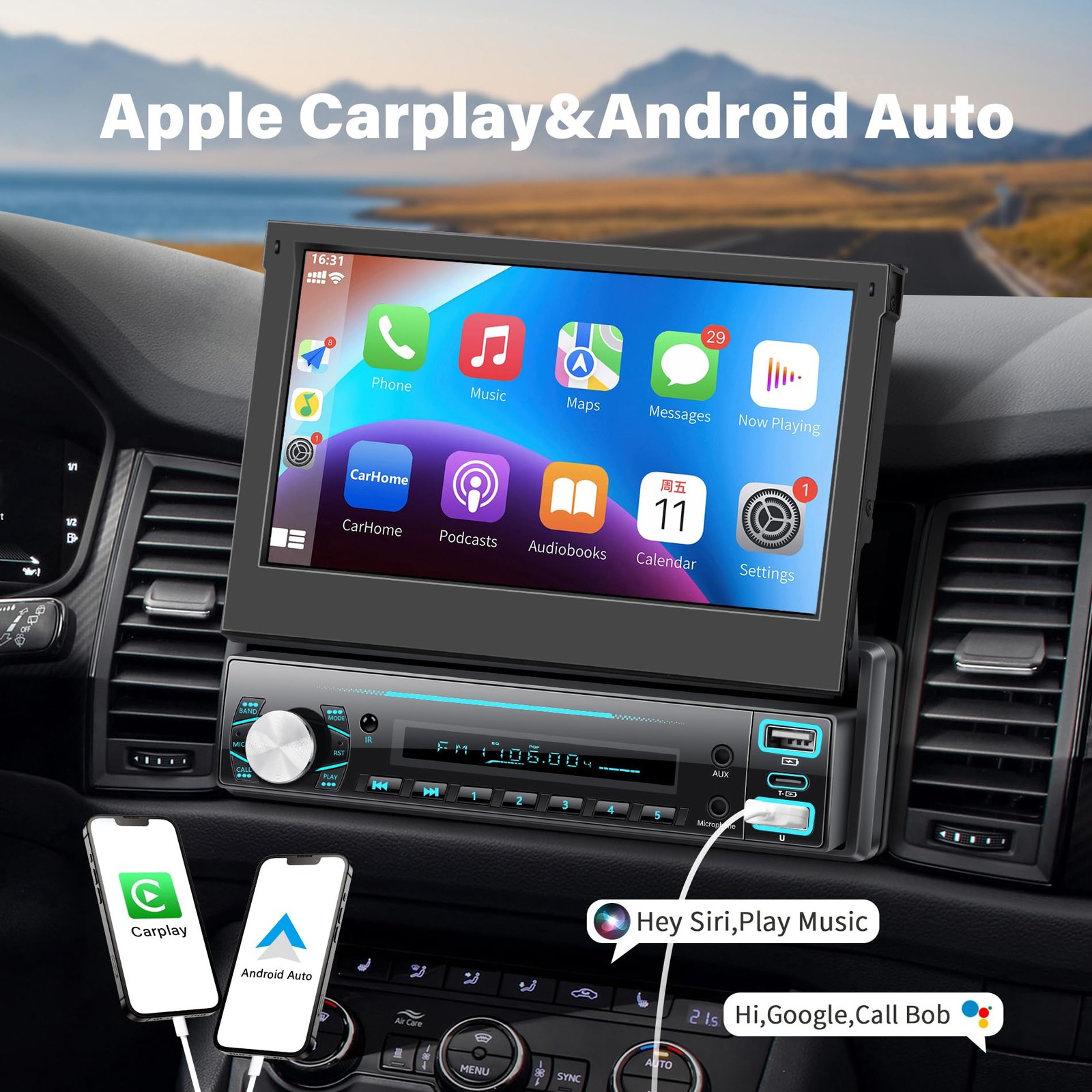 Single Din Car Stereo with Carplay ＆ Android Auto,7 Inch Flip-Out Touchscreen