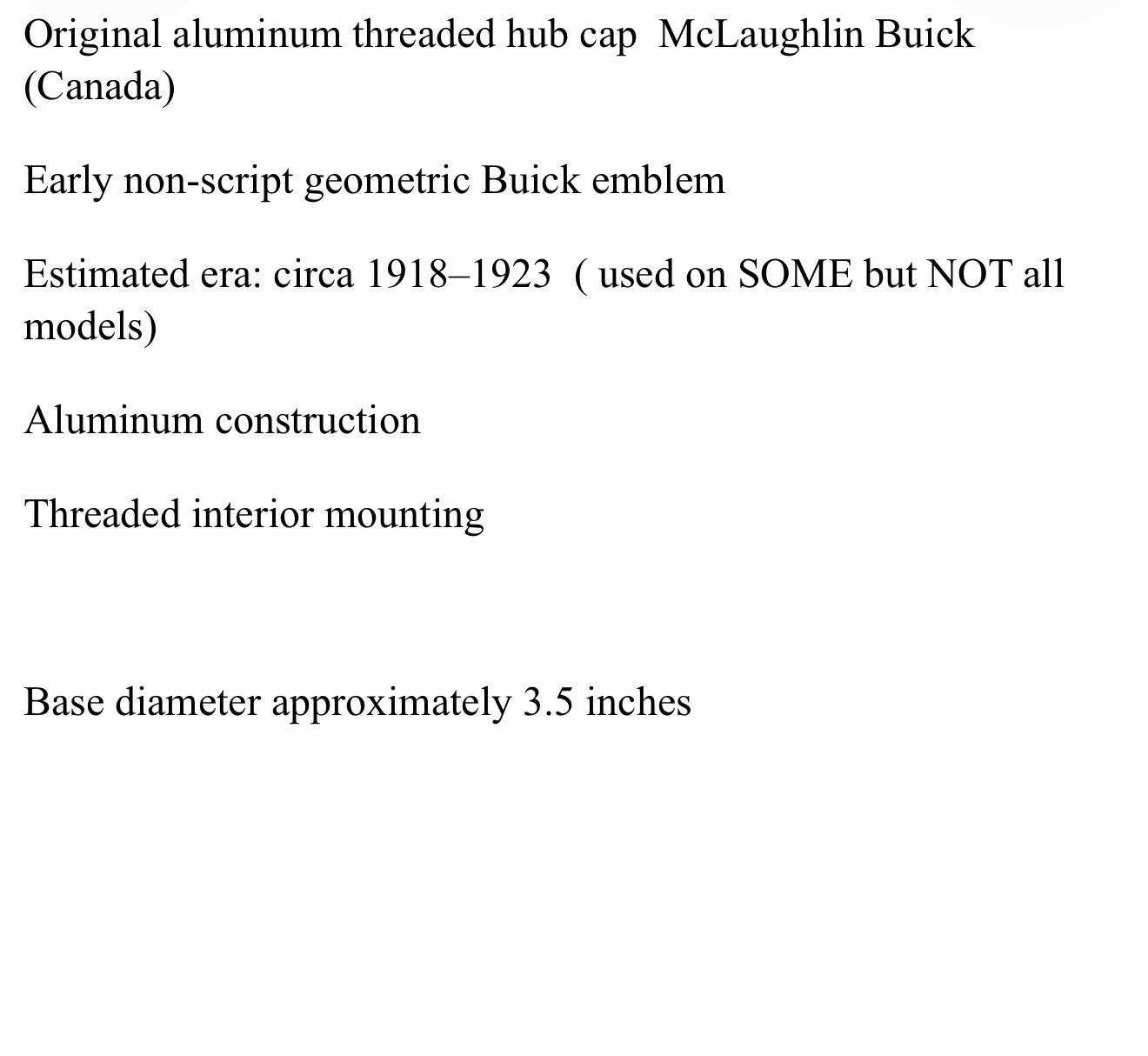Antique McLaughlin Buick Aluminum Hub Cap 3.5” Base Early Threaded Canada