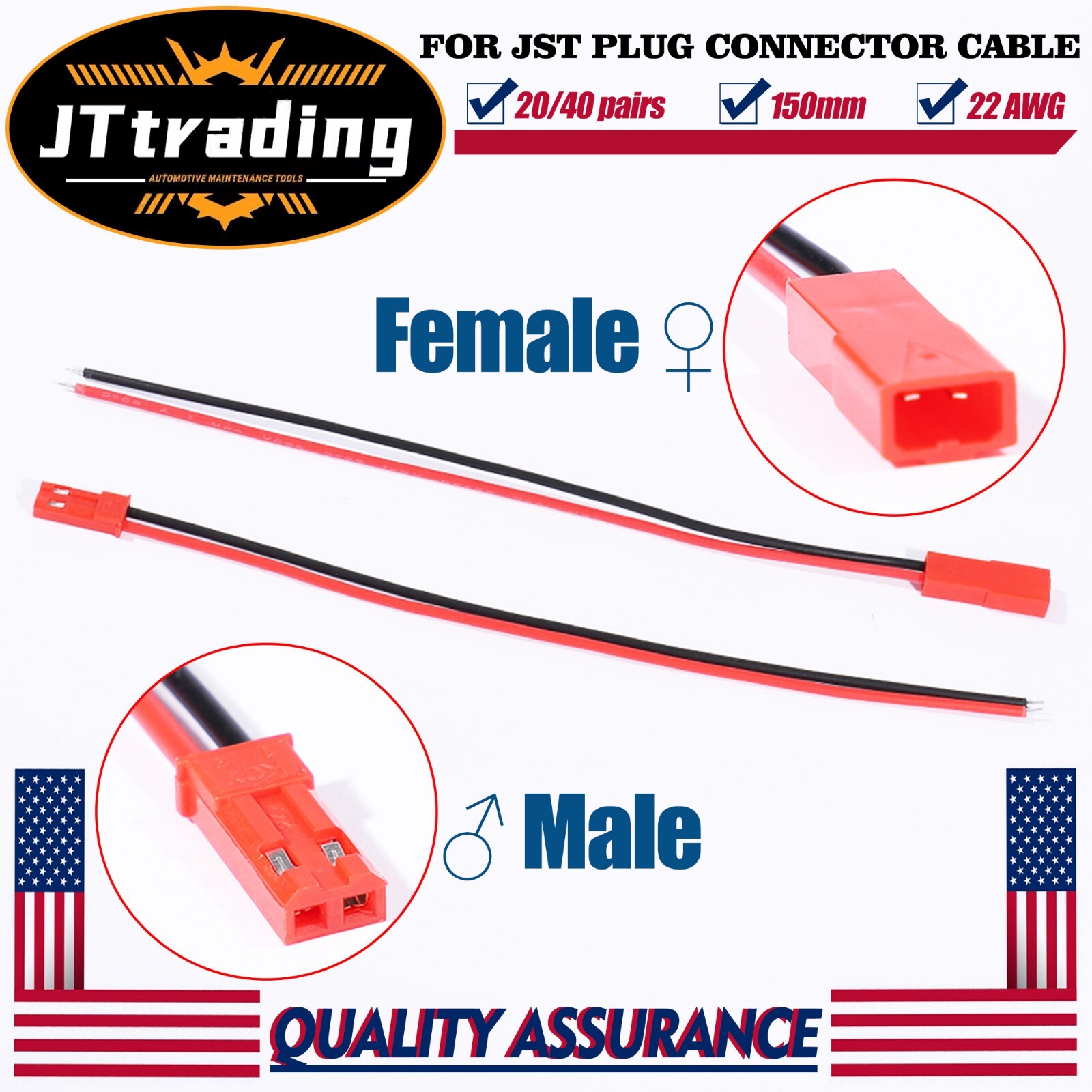 20/40 pairs for JST Plug Male &Female Connector 150mm Wire Cable RC Lipo Battery