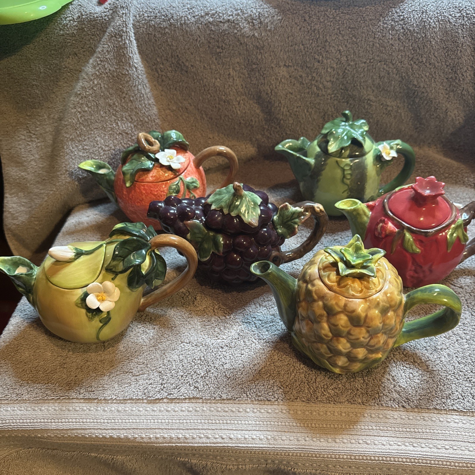 Vtg Lot 6 Ceramic Fruit Teapots: Pear P/apple Peach Pomegranate Watermelon Grape