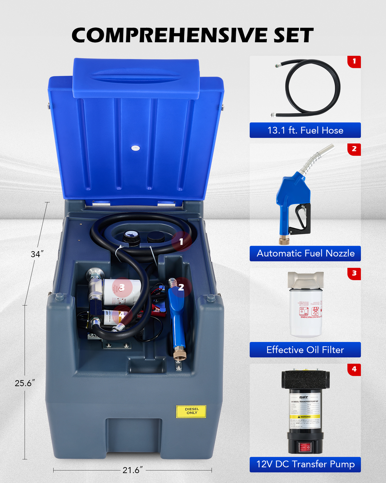 OMT 58gal Portable Fuel Tank Diesel Transfer Tank with 12V DC Pump 13.1ft Hose
