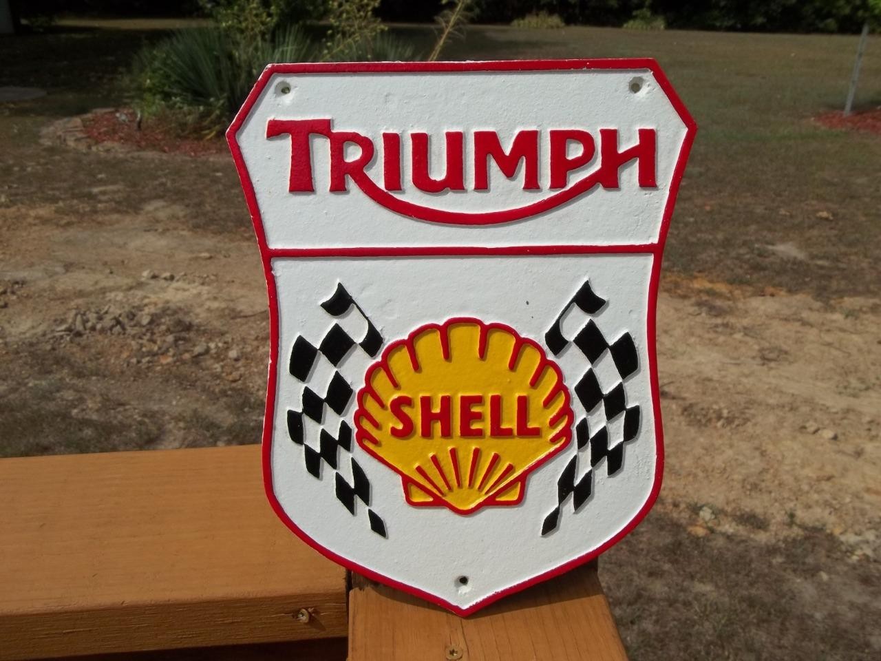 CAST IRON TRIUMPH SHELL CHECKERED FLAG WALL SIGN ADVERTISING SIGN MOTORCYCLE GAS