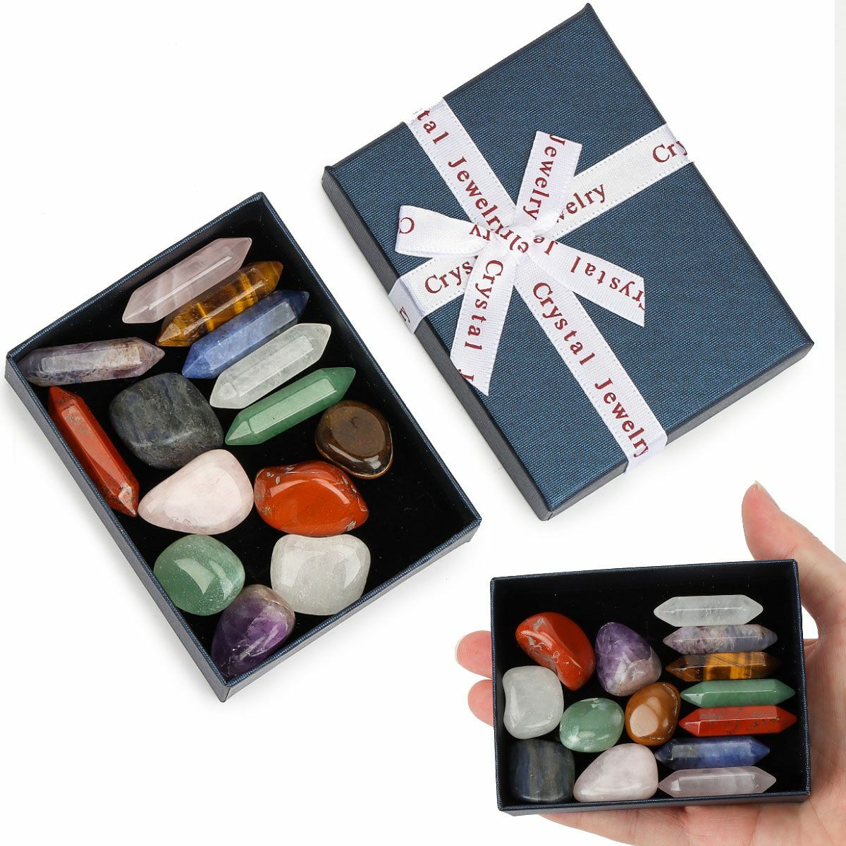 Set of 14 Healing Crystal Natural Gemstone Reiki Chakra Collection Stones w/ Box