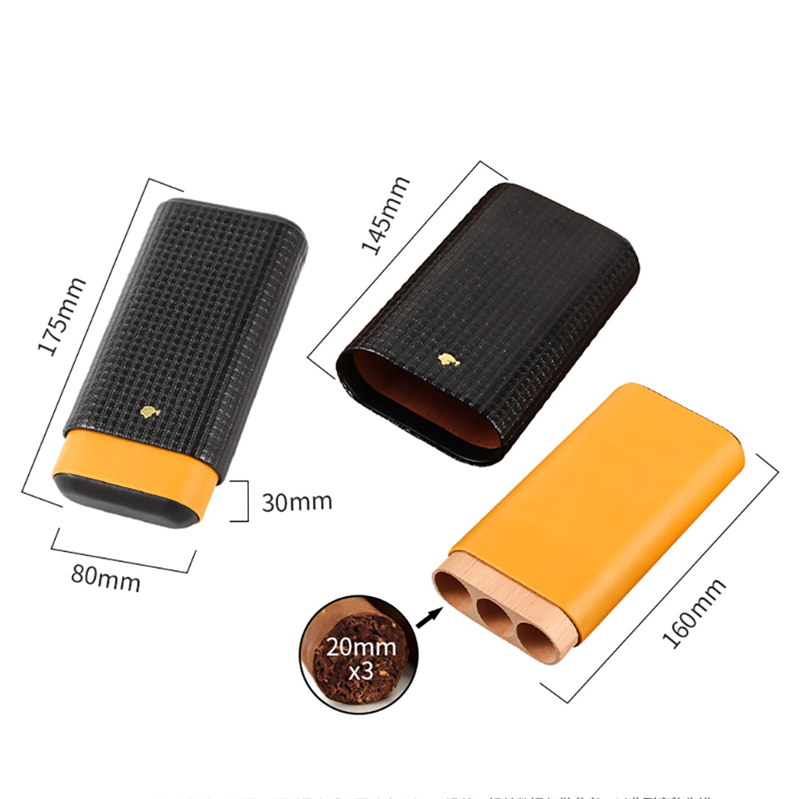 Leather Cedar Wood Cigar Case Portable Humidor 3 Cigars Tubes Yellow Box Gift