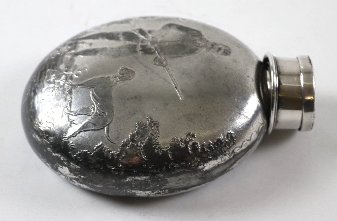 1888 Antique Silverplate Flask & Collapsible Cup/Lid w/ Monogram 5 1/2 x 4''