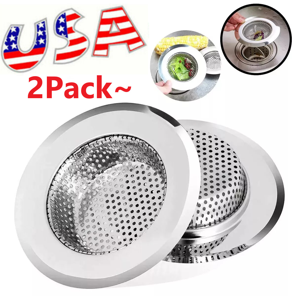 2PCS 4.5" Kitchen Bathroom Sink Strainer Stainless Steel Filter Drain Strainer