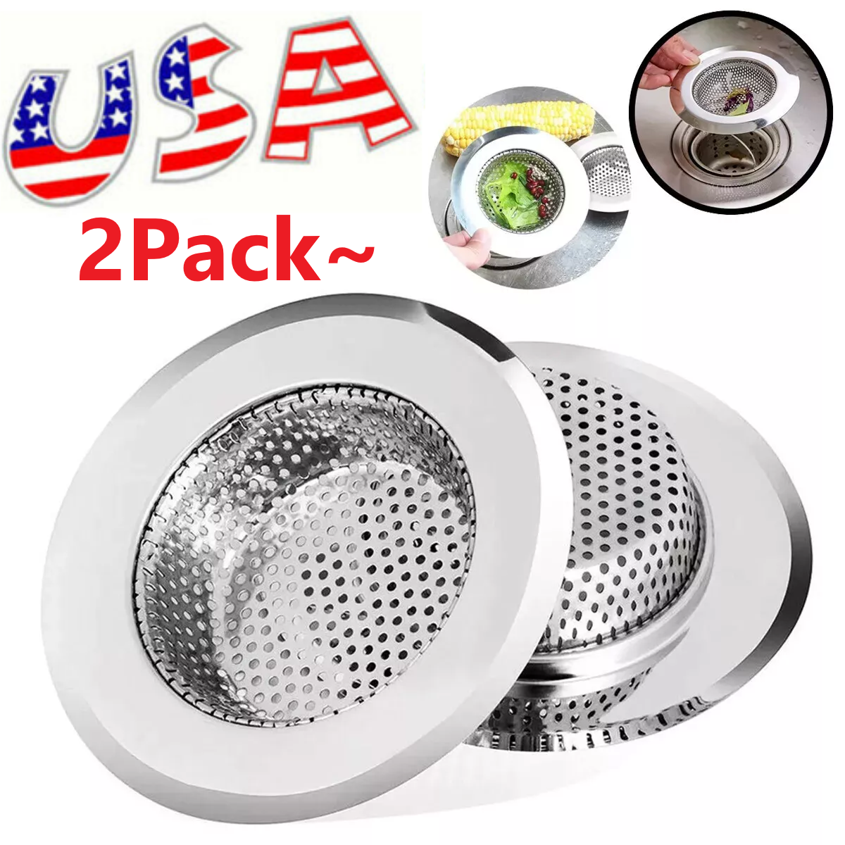 2PCS 4.5" Kitchen Bathroom Sink Strainer Stainless Steel Filter Drain Strainer