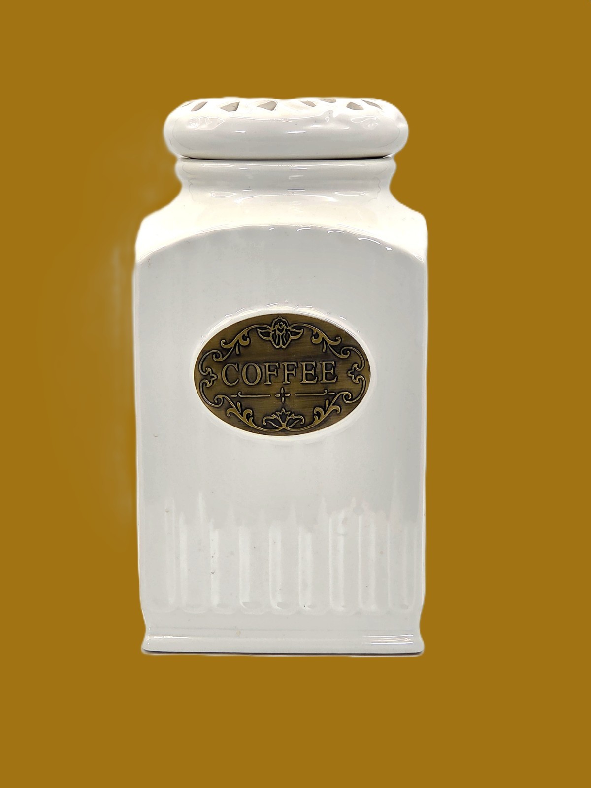 THL White Ceramic 'French Country Ripple Lattice Lid' Canister for “Coffee”