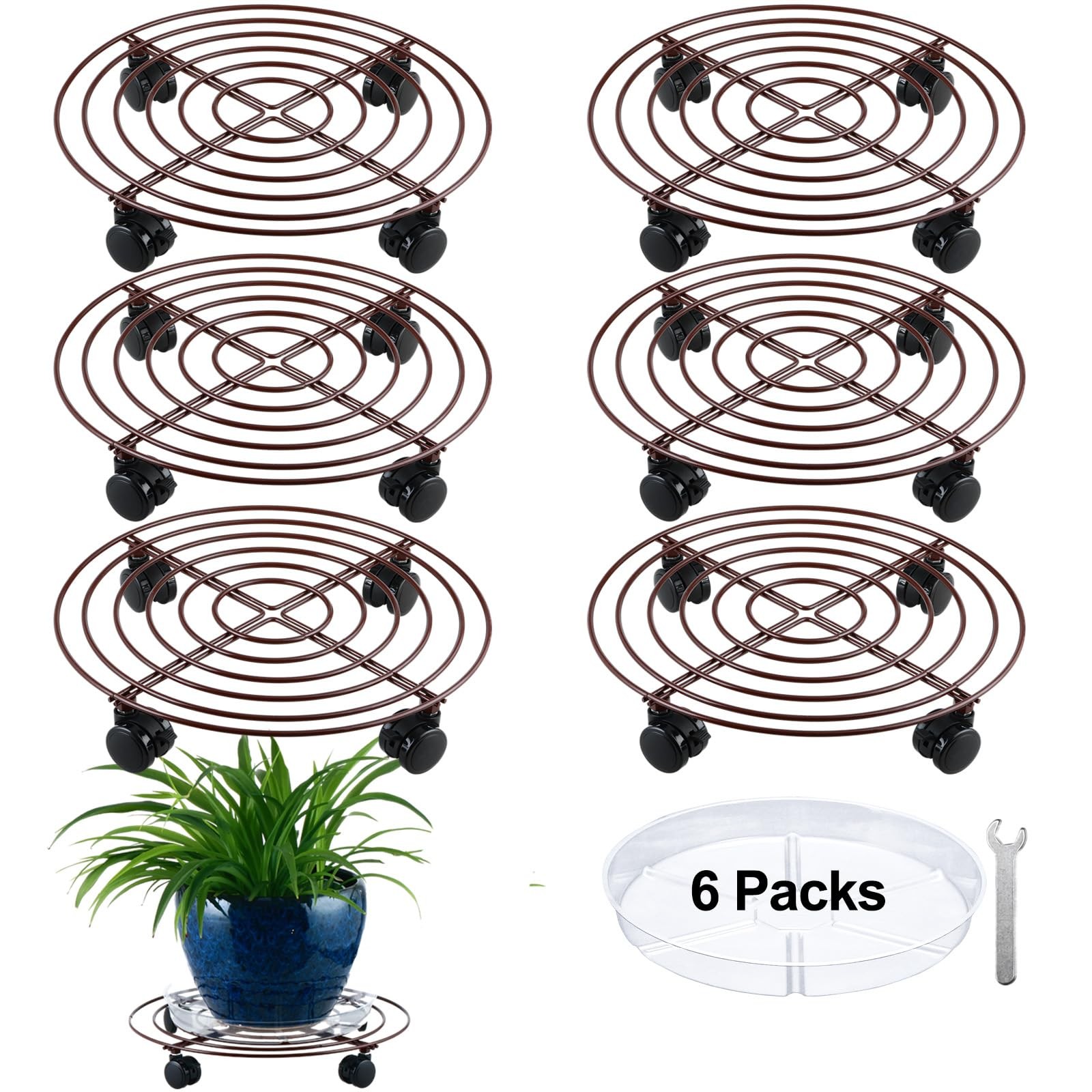 6 Packs Large Metal Plant Caddy with Wheels 14" Rolling Plant Stands Heavy-du...