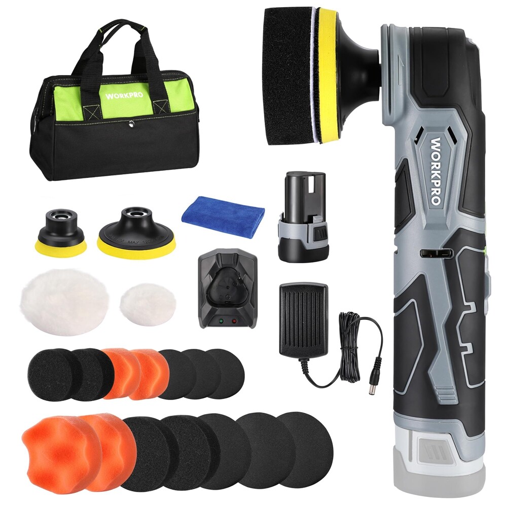 WORKPRO 12V Cordless Mini Buffer Polisher Kit 600-3000RPM 5 Variable Speed w/Bag