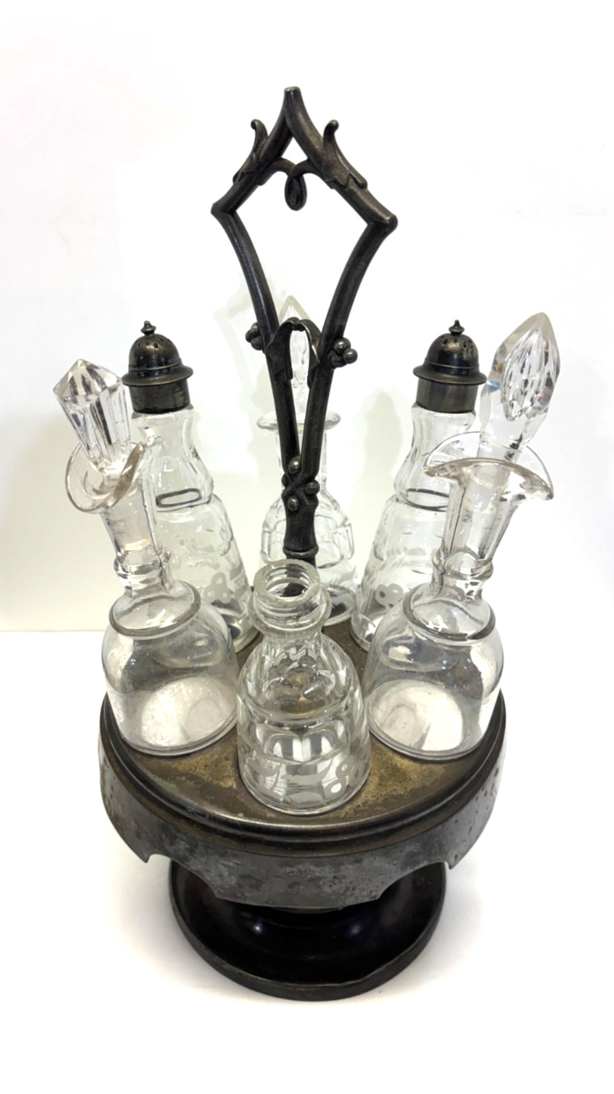 Antq. 1861 SIMPSON HALL MILLER, Treble Pl Silver 7 pc CRUET CONDIMENT Caddy Set