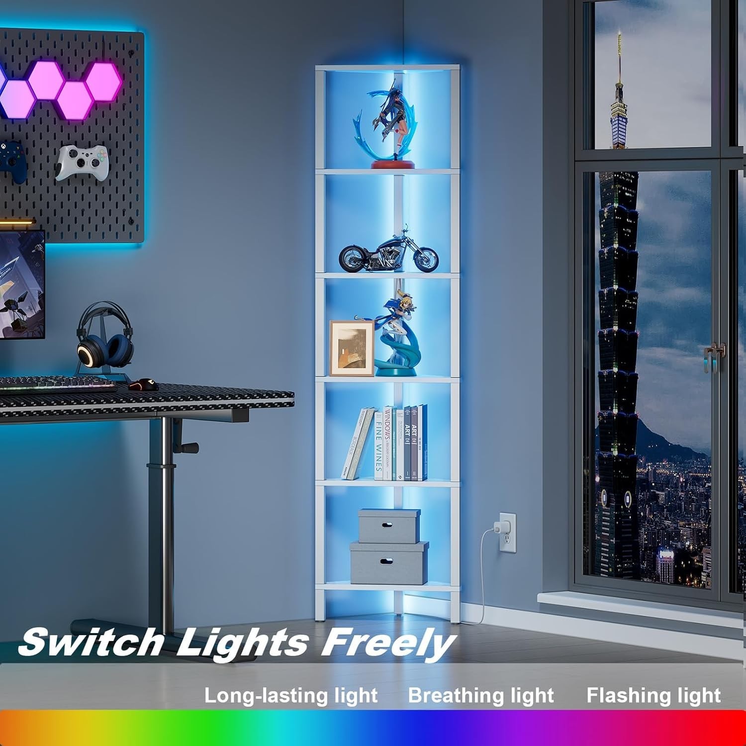 Estantería esquinera de 6 niveles con luz LED, ideal para espacios reducidos, co