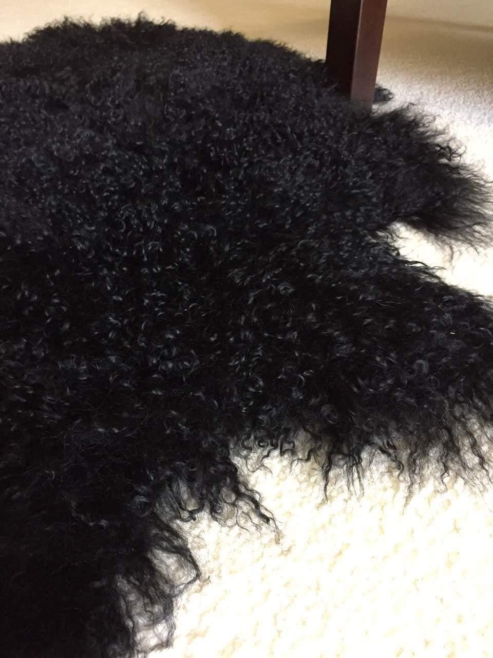 BLACK MONGOLIAN TIBETAN SHEEPSKIN RUG THROW LAMBSKIN FUR HIDE PELT CURLY HAIR