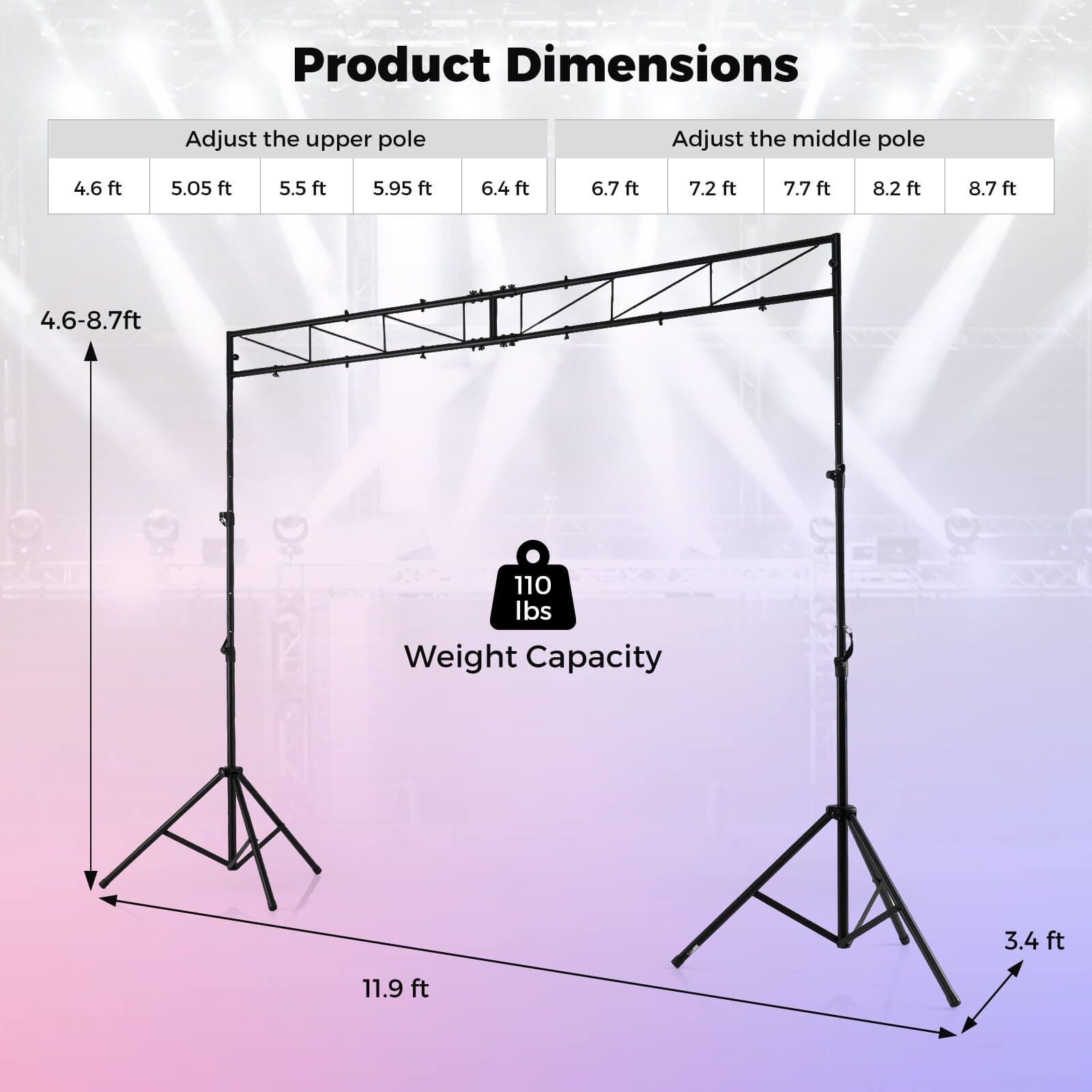 Portable Lighting Truss System w/2 Folding Tripods, 12 Mounting Points for Bands