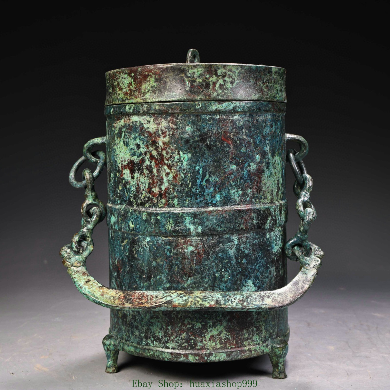 7.4"Collection Old China Dynasty Bronze Ware Chain Portable Crock Pot Jar Tank