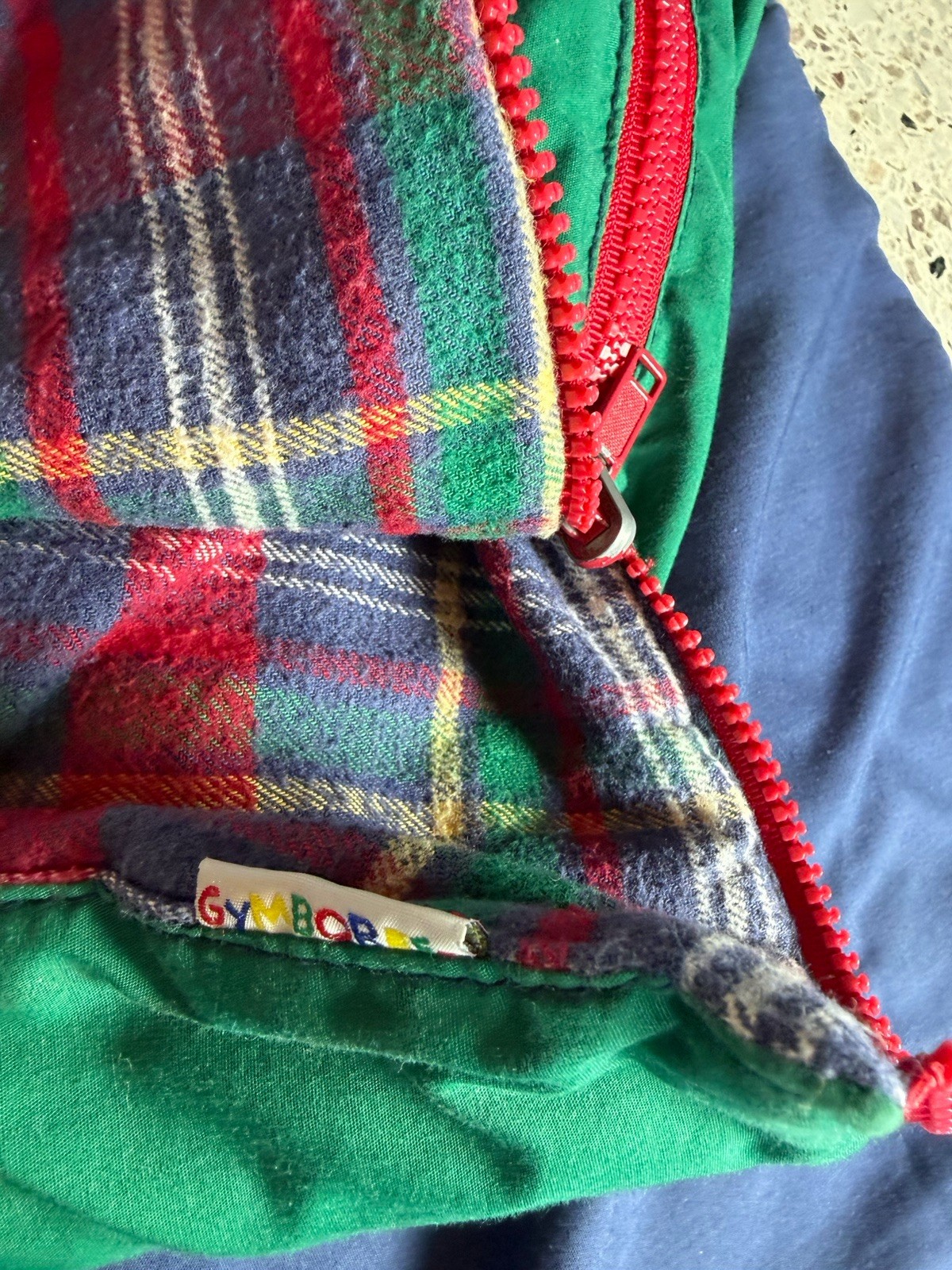 Vintage Child's Gymboree Sleeping Bag Navy Green and Red Plaid Flannel