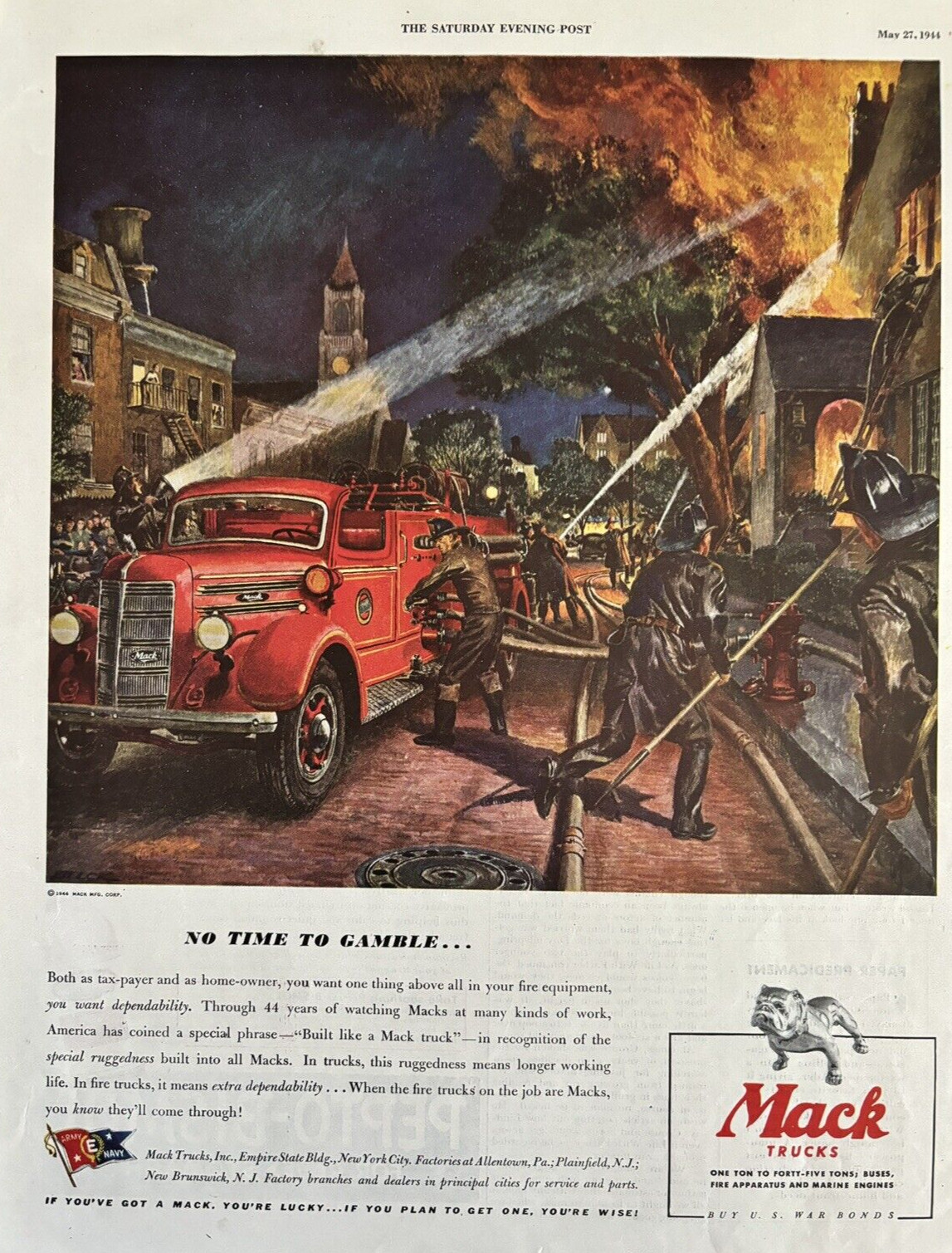 1944 Mack Trucks Fire Pumper Fireman Blaze No Time Gamble WWII Vintage Print Ad