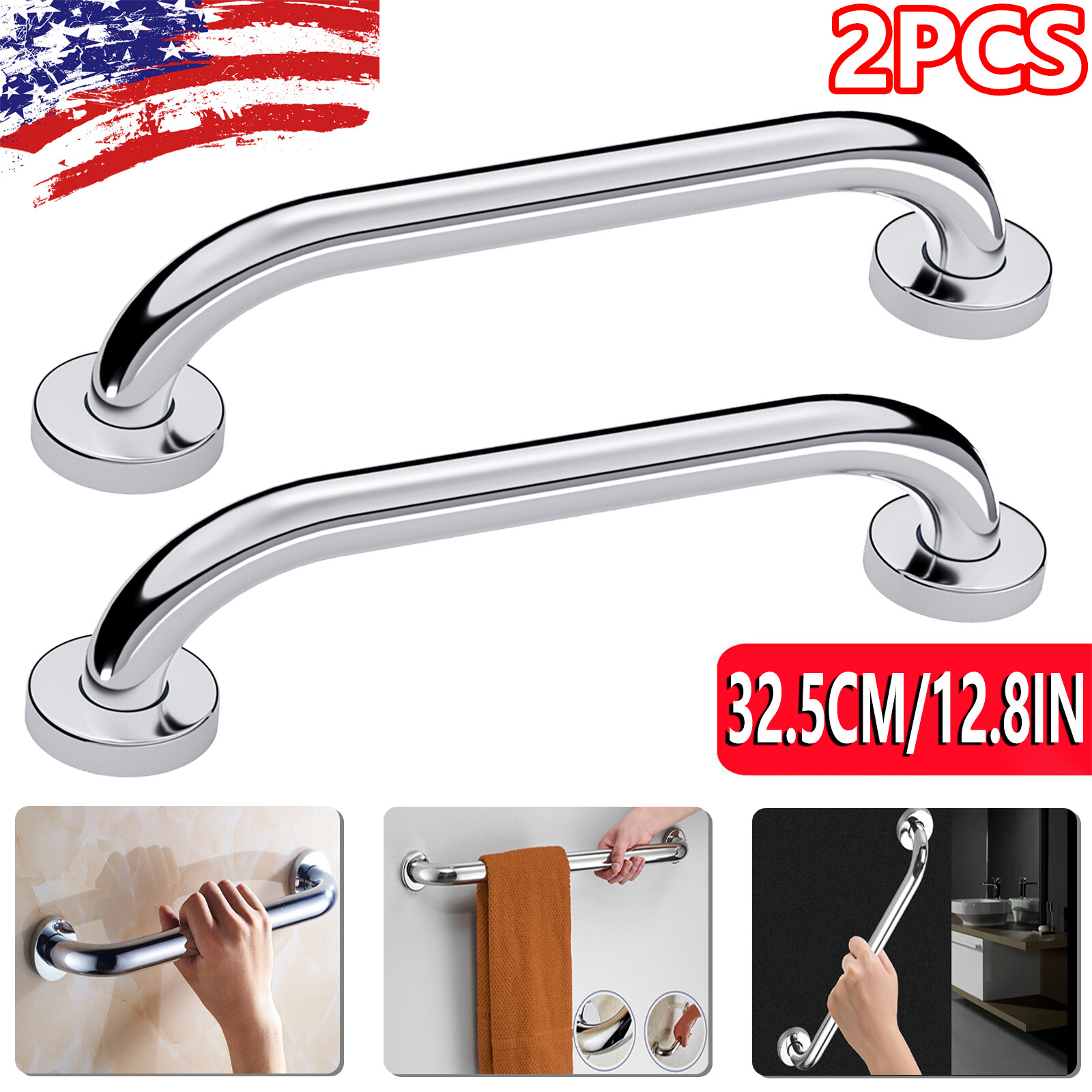 2PCS Stainless Steel Grab Bar Bathroom Safety Handicap Shower Tub Handle Support
