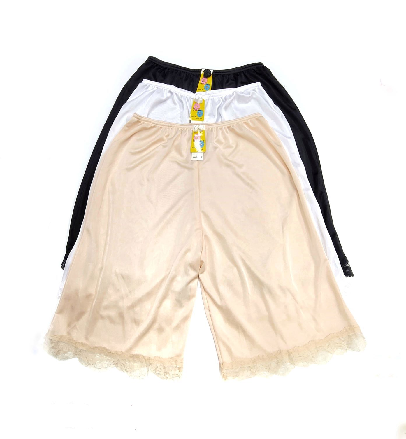 3 Pack Lady Lace Trim Satin Nylon Classic Half Slip Shorts Bloomer Pettipants
