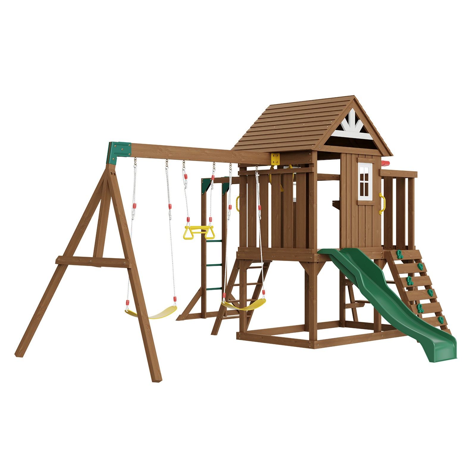 Wooden Swing Set 10 IN 1 Outdoor Playground Sets 6 FT Slide Upper Fort